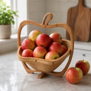 VTG Apple Shaped Collapsible Bamboo Fruit Basket Farmhouse Cottage Kitchen Decor